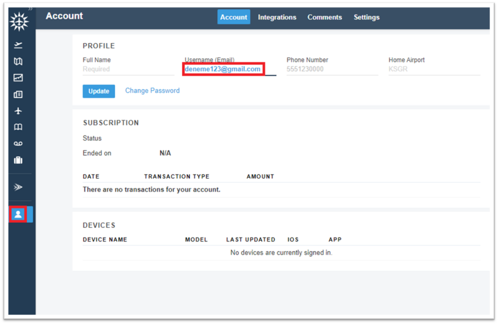 foreflight siteisnden kullanici isaretine tikliyoruz