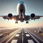 DALL·E 2024-11-12 06.33.25 - A realistic scene of an approaching airplane, viewed from slightly behind and below. The airplane is descending towards a runway, with some land visib
