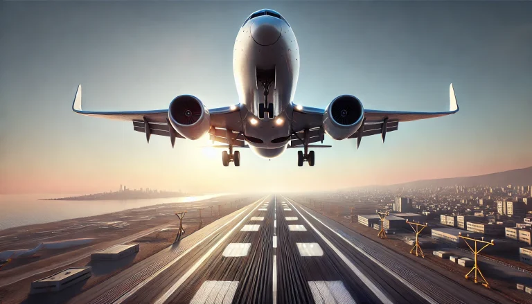 DALL·E 2024-11-12 06.33.25 - A realistic scene of an approaching airplane, viewed from slightly behind and below. The airplane is descending towards a runway, with some land visib